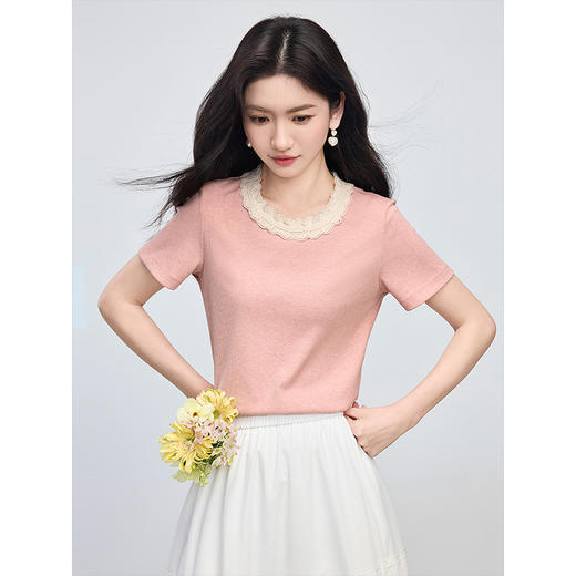 【专属特价】熙世界法式花边圆领T恤短袖女2025夏季新款浪漫粉色正肩休闲上衣 商品图4