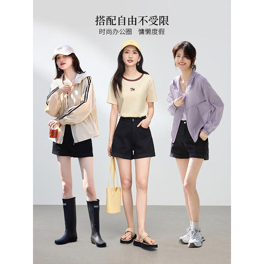 【专属特价】熙世界黑色牛仔短裤女夏季2025新款高腰小个子卷边a字热裤阔腿裤 商品图1