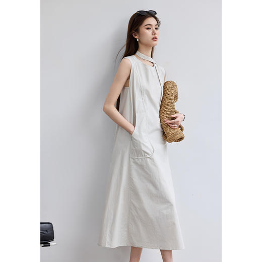 VICTORIA&VERA夏季“素袂烟行”现代极简风江南布衣感素色无袖飘带连衣裙 商品图4