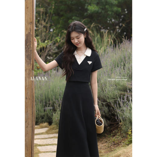 鹿向南「铃落书院」气质优雅翻领收腰短袖拼色连衣裙女夏季长裙 商品图4