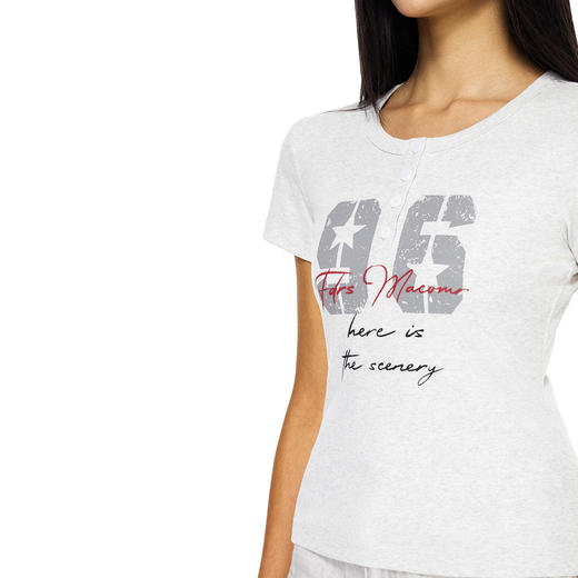 FDR官方店 V领纽扣手写字母短袖t恤女夏季辣妹修身显瘦体恤上衣 商品图3