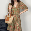 洛诗琳15852优雅气质连衣裙夏季新款苎麻收腰显瘦V领印花裙0692 商品缩略图1