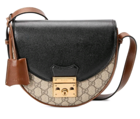GUCCI古驰 Padlock 金属锁头锁扣老花Logo 帆布拼皮 马鞍包斜挎单肩包 小号 女款 乌木色/黑色