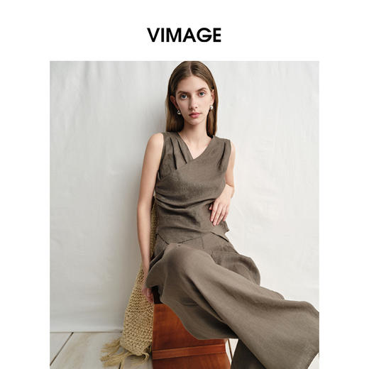 VIMAGE纬漫纪垂坠松弛感阔腿遮肉通勤亚麻高腰休闲裤夏季新款V2305919 商品图2