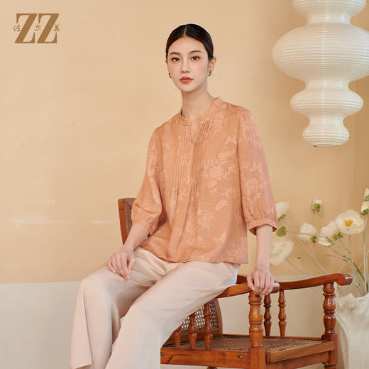 佐尔美夏季新款 时尚气质100%桑蚕丝真丝V领中袖衬衣女M42CS16 商品图3