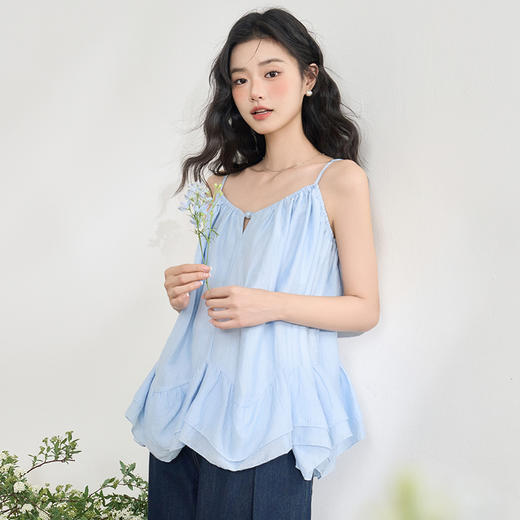 法式浪漫双层荷叶边下摆吊带天丝衬衫女夏季娃娃款衬衣V0050304 商品图0