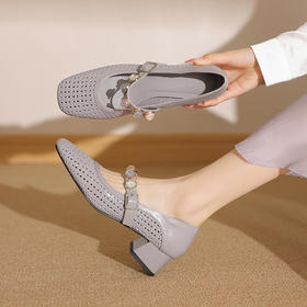 【预售5天】牛皮方头气质一字带单鞋春夏新款编织粗跟百搭休闲鞋女ZF&25098