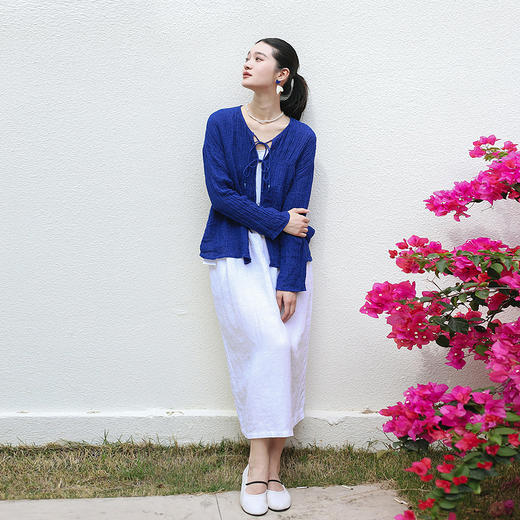 绽放旅行女装163朵/蓝宝石防晒衫亚麻色织皱布开门襟松紧抽皱上衣 商品图0