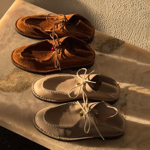 RIM RIM复古马皮绒乐福鞋新款真皮圆头系带平底可踩跟休闲单鞋女时尚款 袋鼠鞋女平底板鞋2392-2 商品图4