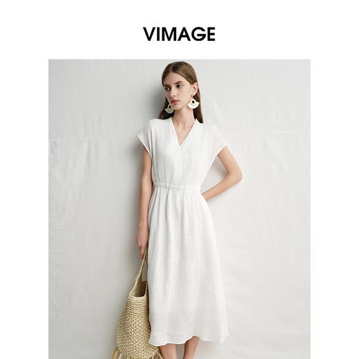 VIMAGE纬漫纪度假风连袖收腰亚麻小白裙A字连衣裙夏季新款V2307915 商品图1