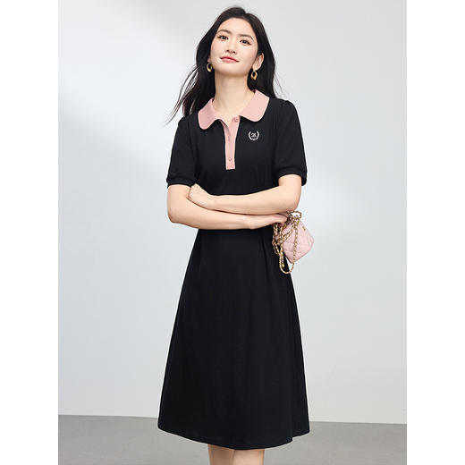 熙世界通勤撞色polo领连衣裙女短袖夏新款收腰显瘦中长裙t恤裙子 商品图3
