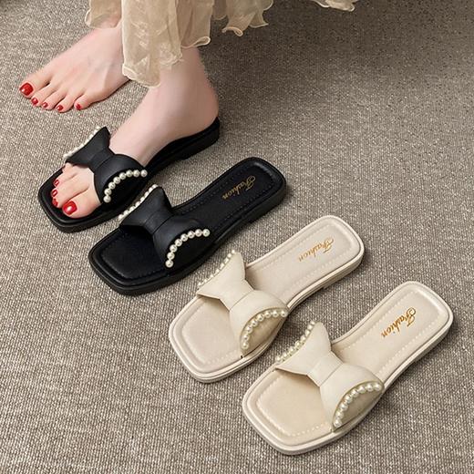 【怎么穿都好看】仙女风蝴蝶结凉拖鞋女夏季新款外穿平底百搭高级感鞋珍珠拖鞋。ry 商品图1