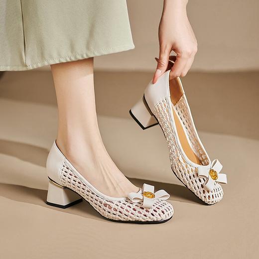 【预售5天】法式真皮编织浅口单鞋女夏季新款镂空透气网状蝴蝶结女鞋SY&8781 商品图0