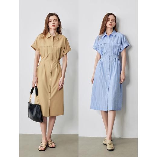 初语条纹衬衫连衣裙女夏季收腰显瘦短袖长裙 商品图4