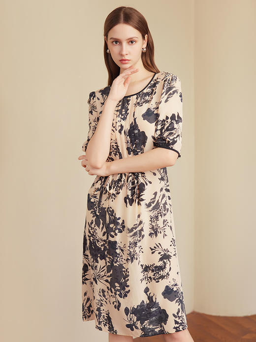 【桑蚕丝印花连衣裙】25年春夏新品女士100%桑蚕丝复古印花中长款真丝连衣裙 商品图2