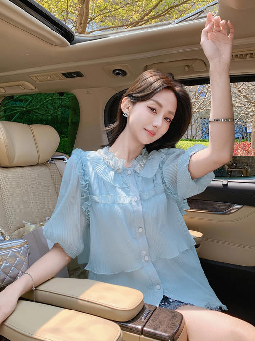 张心子【南法假日2.0】名媛风高级感压褶雪纺衬衫上衣 U2503014 商品图5