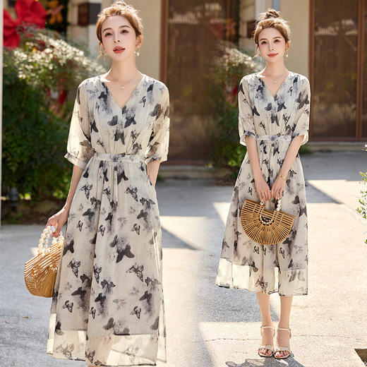 蝴蝶印花连衣裙女夏2025新款时尚法式气质收腰显瘦洋气薄纱裙子 商品图1