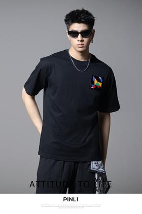 PINLI品立2025夏季新款男士贴布绣花落肩圆领短袖T恤BG252111046