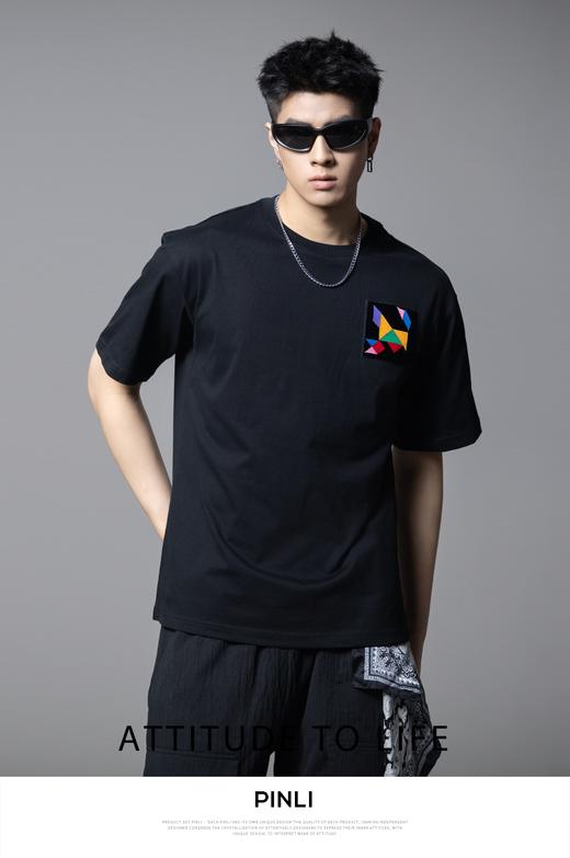 PINLI品立2025夏季新款男士贴布绣花落肩圆领短袖T恤BG252111046 商品图0