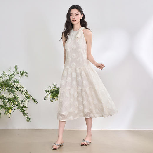 优雅重工满幅立体玫瑰连衣裙女挂脖露肩系带A字长裙V0550198 商品图1