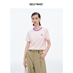 SELFWHO笑脸衣橱精梳棉撞色短袖T恤女2025夏新款宽松圆领落肩上衣