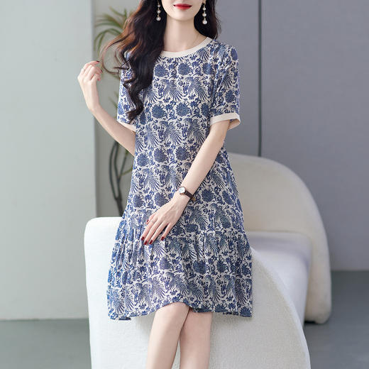 丁摩 国风青花瓷印花短裙夏季女裝小个子桑蚕丝裙子连衣裙女5ZF-46850 商品图0