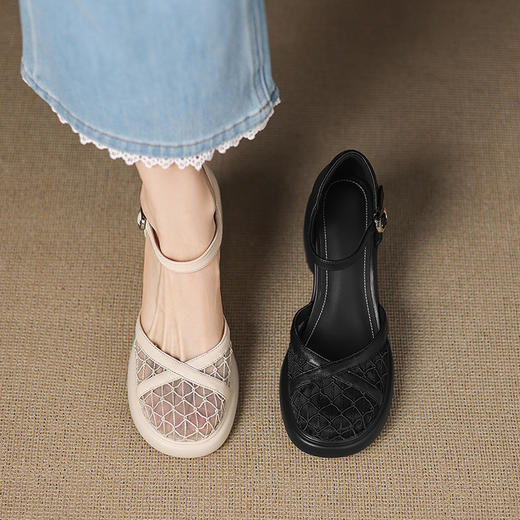 【预售5天】超轻超软舒适镂空网纱包头粗跟凉鞋女新款夏季真皮厚底一字扣高跟鞋ZYY&A1196 商品图3