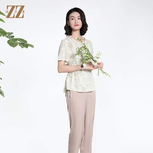 佐尔美夏季新款新中式国风时尚气质桑蚕丝短袖衬衣女M42CS90 商品图2