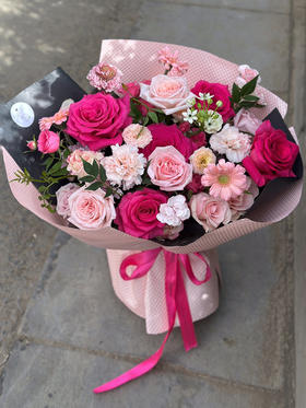 插花泥花束 弗洛伊德粉色荔枝玫瑰混搭花束