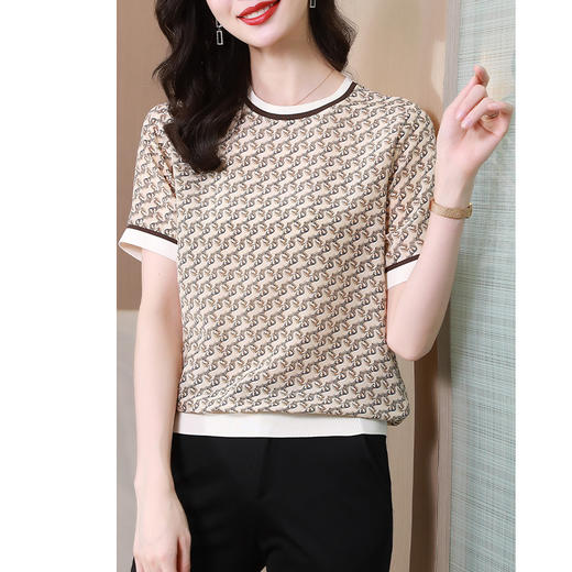 丁摩 真丝T恤女衬衫夏季新款短袖印花设计感高端桑蚕丝上衣5ZF-401 商品图4