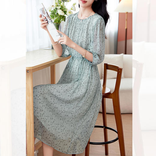 丁摩 法式碎花真丝连衣裙新款夏季圆领印花优雅飘逸桑蚕丝A字长裙5ZF-0083 商品图1
