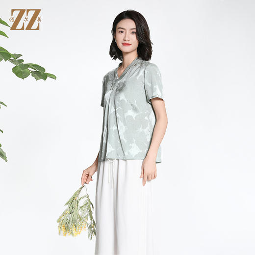 佐尔美夏季新款新中式国风时尚气质100%桑蚕丝短袖衬衣女M42CS97 商品图1