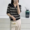 雀说天丝莱赛尔~海军领条纹针织衫女春夏休闲百搭气质宽松短袖套头衫ALSN338 商品缩略图0