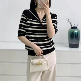 雀说天丝莱赛尔~海军领条纹针织衫女春夏休闲百搭气质宽松短袖套头衫ALSN338
