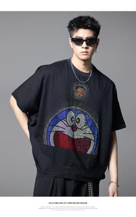 PINLI品立2025夏季新款男士宽松廓形哆啦A梦烫钻圆领短袖T恤上衣BG252111055