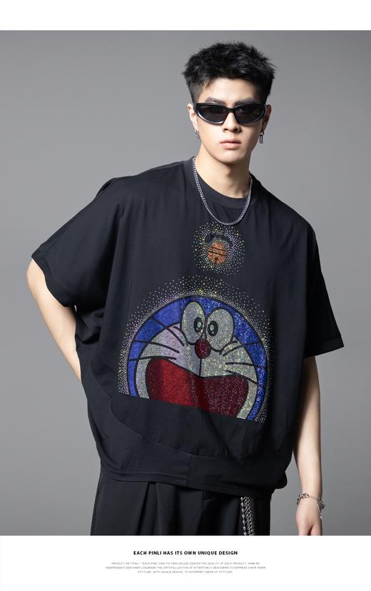 PINLI品立2025夏季新款男士宽松廓形哆啦A梦烫钻圆领短袖T恤上衣BG252111055 商品图0