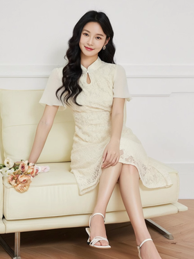 奢姿大码女装2025夏季胖妹妹新中式改良蕾丝旗袍温柔气质连衣裙9952853189