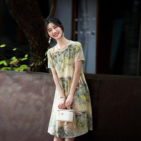 丁摩新品女装显瘦显高小个子款真丝印花连衣裙AL80020