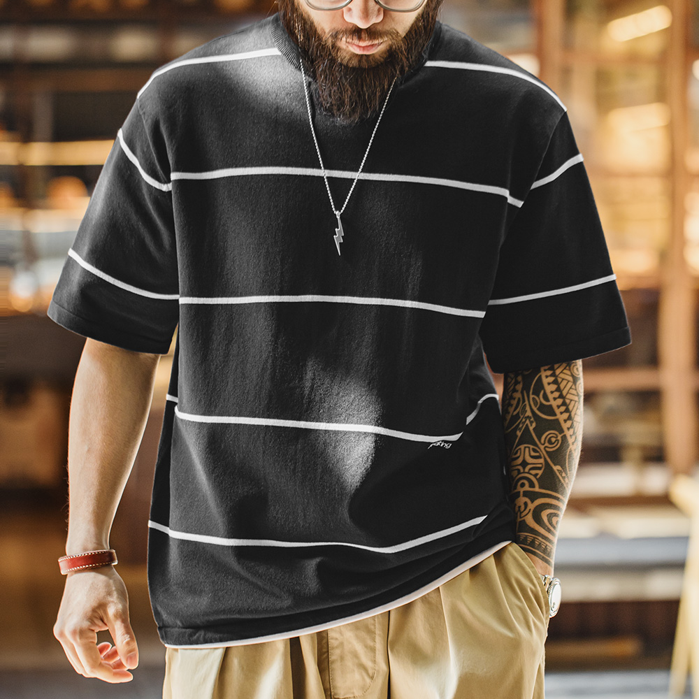 工装优选美式休闲黑白撞色条纹T恤Cityboy半袖日系圆领短袖男夏