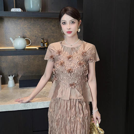 雀说小众设计感褶皱套装女手工褶绣花短袖上衣弹力T恤时尚百搭两件套AL2054 商品图3