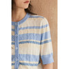 HeyDress法式绞花条纹针织开衫女夏季宽松气质短款蓝色泡泡袖上衣 商品缩略图1