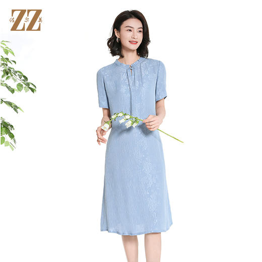 佐尔美夏季新款新中式国风100%桑蚕丝短袖连衣裙女M42LS18 商品图3