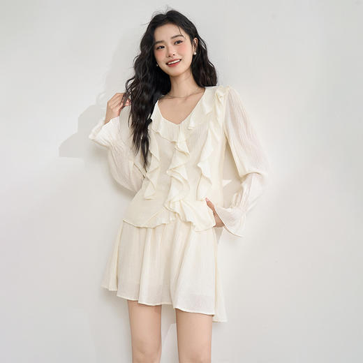 法式甜美肌理感套装女夏季荷叶边V领衬衫搭短裙两件套V0650263 商品图0