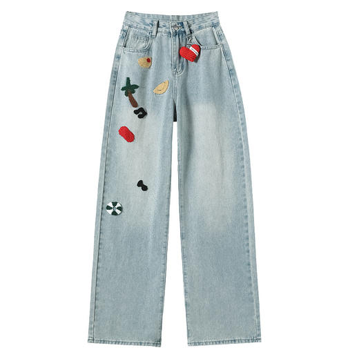 丁摩 重工刺绣牛仔裤女春秋季新款浅色休闲阔腿裤直筒拖地裤子卡通5ZF-0671 商品图4