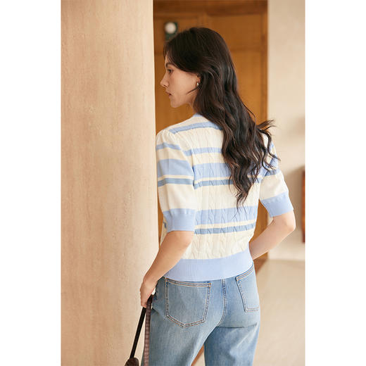 HeyDress法式绞花条纹针织开衫女夏季宽松气质短款蓝色泡泡袖上衣 商品图3