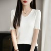 雀说法式钉珠V领短袖T恤新款修身精纺薄针织衫小性感半袖上衣AL2575 商品缩略图2