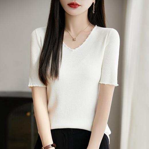 雀说法式钉珠V领短袖T恤新款修身精纺薄针织衫小性感半袖上衣AL2575 商品图2
