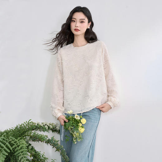 韩系甜美重工立体流苏提花衬衫女2025圆领宽松衬衣V0350179 商品图1