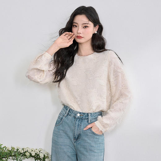 韩系甜美重工立体流苏提花衬衫女2025圆领宽松衬衣V0350179 商品图2