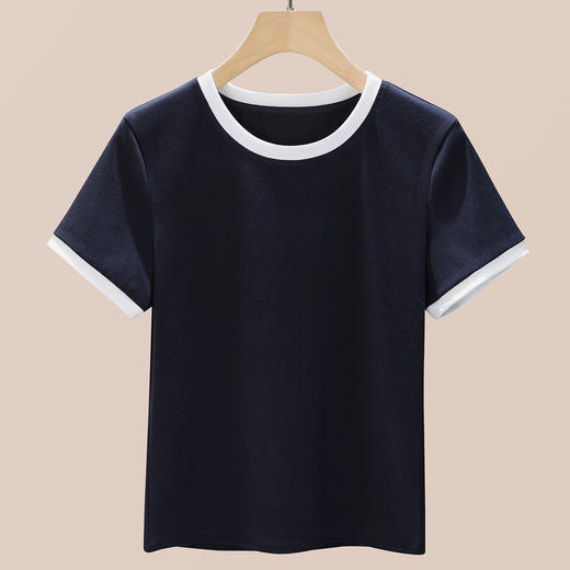 丁摩 盐系撞色拼接弹力正肩上衣新款高端灰色圆领短袖t恤女夏季5ZF-719 商品图6